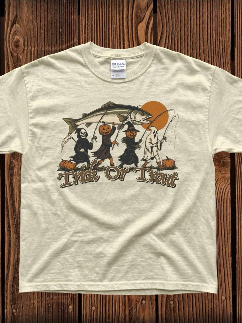 Gildan Cream Halloween Ghost holding Fish 'Trick Or Trout' Graphic Tee